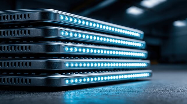 Stack of Modern Smartphone Devices with Glowing Blue LED Lights in Futuristic Dim Lighting