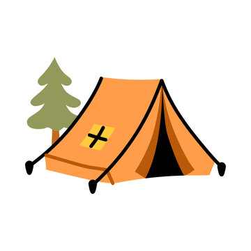 Cute Camping Tent Flat Doodle Icon with Pine Tree for Outdoor Adventure Hiking Camping and Nature Travel Illustration