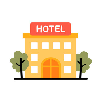 Cute Hotel Building Flat Doodle Icon with Trees for Travel Accommodation Tourism Hospitality and Vacation Illustration