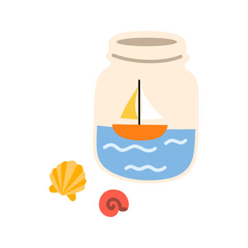 Cute Summer Beach Vacation Mason Jar with Sailboat Sea Shell and Snail Flat Doodle Travel Illustration