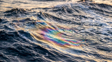 Obraz premium Rainbow iridescent oil film on ocean water surface, environmental pollution and ecological disaster