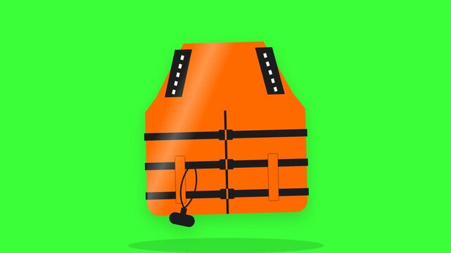 Animated Orange Life Jacket with Bright Color and Safety Design, Symbol of Water Safety, Rescue, Protection, Boating, Swimming and Marine Activity, Simple Motion Graphic Isolated on Green Screen