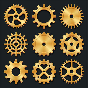 Golden gears realistic. Steampunk cogwheel, gold gear teeth vintage clockwork metal brass copper bronze industrial antique factory machinery engineering garish vector illustration