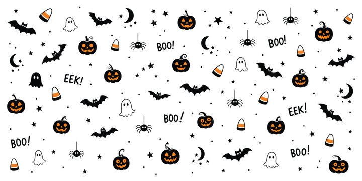 Seamless halloween pattern with pumpkins, bats, ghosts, spiders, candy corn, moons and stars