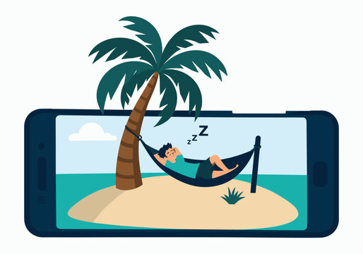 Relaxing on beach island with palm tree and smartphone screen showing vacation mode