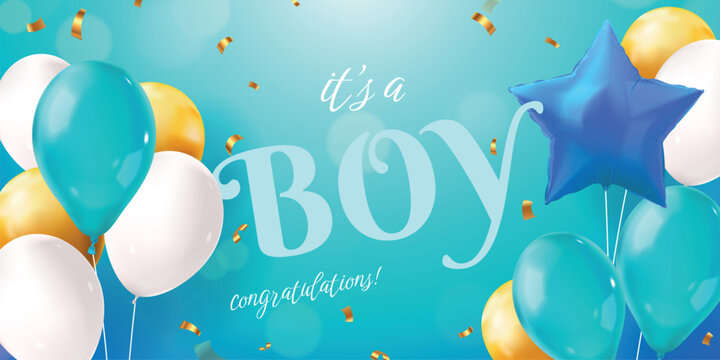 Baby shower boy. Newborn realistic horizontal banner template, infant baby birth announcement birthday party child born celebration 3d balloons poster design vector illustration
