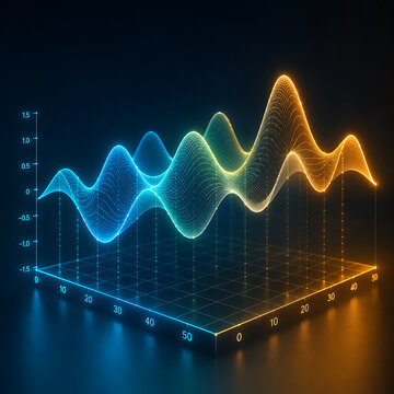 3D Wireframe Surface Plot of Undulating Wave Data with Neon Gradient on Dark Background