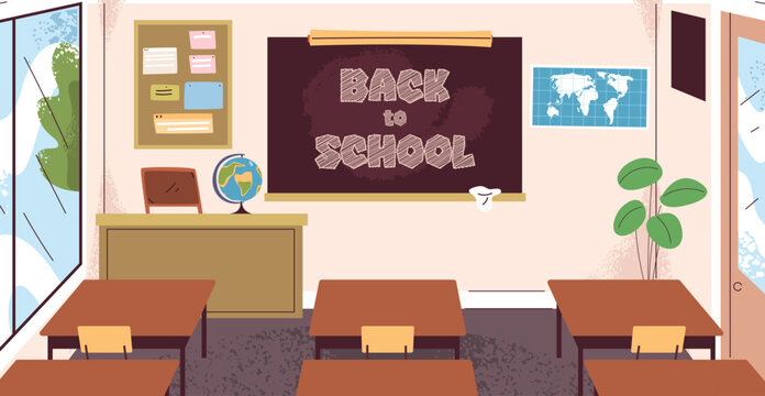 Back to classroom. Empty school room interior, student desk welcome children education lesson class teacher table chalkboard cartoon background vector illustration