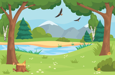 Obraz premium Cartoon forest landscape. Spring summer scene, green hill meadow field park garden view adventure grass water river wood tree jungle plant woodland background vector illustration