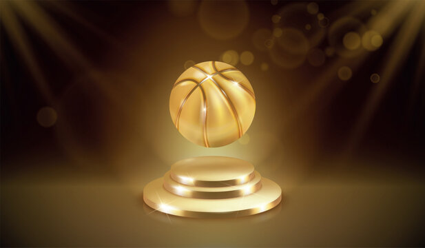 Basketball award. Gold basket ball winner trophy, realistic golden pedestal champion prize stage best player sport championship nomination 3d luxury background vector illustration