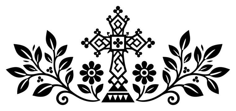 Decorative ornamental cross with floral branches and flowers in folk art style
