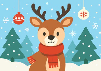 Cute cartoon reindeer wearing a red scarf in a snowy winter forest with Christmas trees and ornaments. © Roma