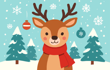 Cute cartoon reindeer wearing a red scarf in a snowy winter wonderland with evergreen trees and falling snowflakes, festive Christmas illustration. © Roma