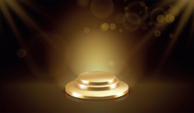 Golden podium dark background. Award ceremony stage, empty gold platform winner trophy pedestal light sparkle spotlight bokeh luxury night event show realistic vector illustration