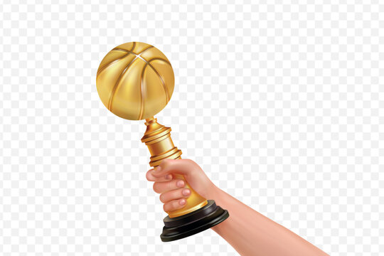 Hand hold basketball trophy. Golden basket ball trophy in winner realistic isolated arm, 3d gold award transparent background championship league game sport vector illustration