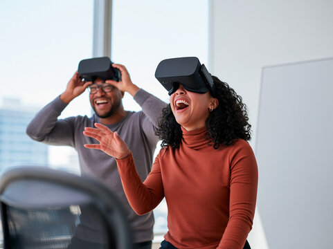 Excited colleagues laughing while experiencing virtual reality in a modern office setting