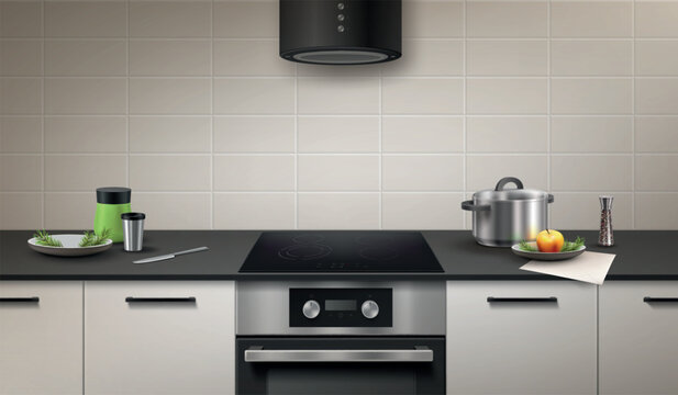 Kitchen stove interior. Realistic induction hob, home cooking table counter modern oven cooktop saucepan plate clean apartment cook dining room background 3d vector illustration
