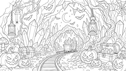 Fototapeta premium Halloween themed cave coloring page with crystals, pumpkins, bats, spiders, and a mine cart