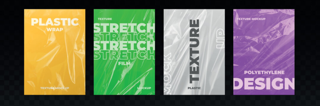 Plastic wrap mockup. Stretch film texture, realistic transparent cover wrapper clear shiny foil pouch pack sleeve cellophane material wrinkle grunge shrink 3d vector illustration