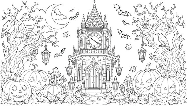 Spooky halloween line art coloring page featuring gothic clock tower, jackolantern pumpkins, bats, crescent moon, crows, and spiderwebs