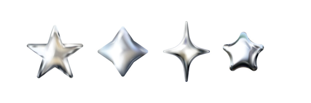 Realistic chrome stars. 3d silver star, liquid or inflatable ballon abstract shape platinum glossy figure glitter effect y2k aesthetic reward element isolated vector illustration