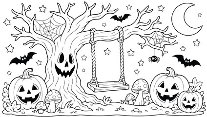Halloween coloring page for kids with a spooky haunted tree, a swing, jackolantern pumpkins, bats, spider webs, and mushrooms under a crescent moon
