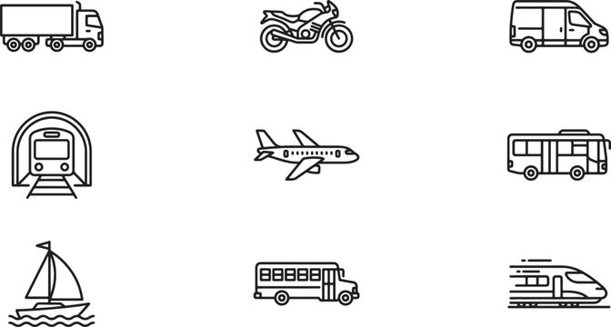 Set of transportation and travel icons featuring vehicles and transit modes