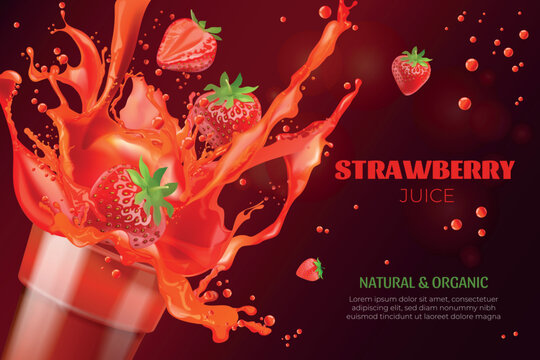 Realistic strawberry juice. Smoothie drink glass flying strawberries red juice splashes advertising banner, 3d berry liquid drops fresh summer beverage organic vector illustration