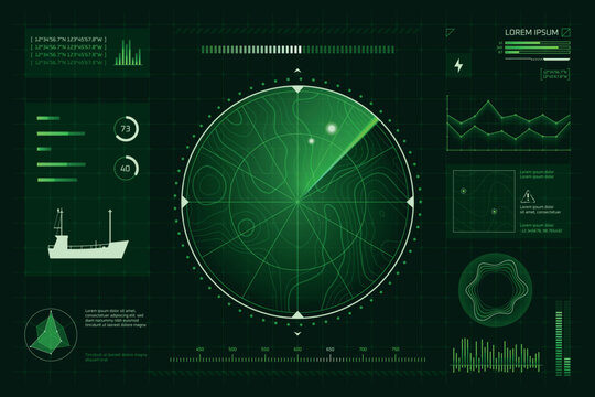 Ship hud sonar. Military submarine radar screen, naval green dashboard digital display interface map target scan data sea vessel defense system location signal vector illustration