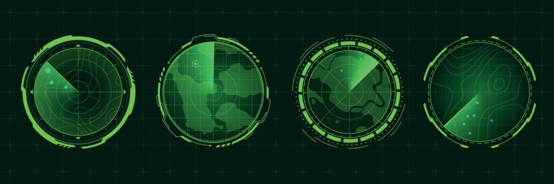 Submarine hud radars. Green sonar screen military scan radar target attack digital interface system futuristic display control satellite compass grid war signal vector illustration