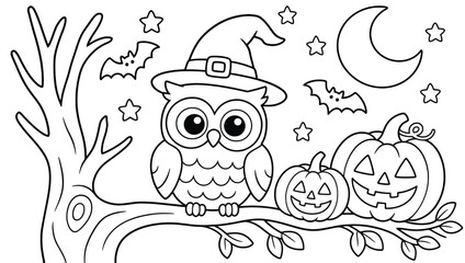 Cute owl wearing a witch hat sitting on a tree branch with jackolantern pumpkins, bats, and stars in the night sky, halloween coloring page for kids