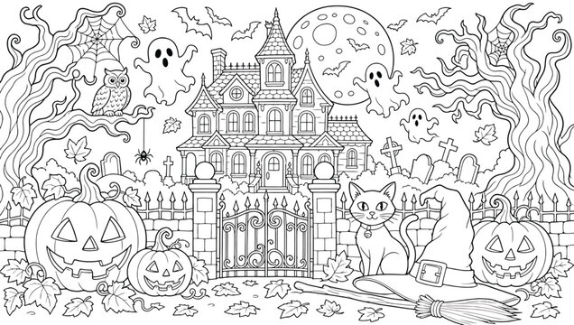 Detailed halloween coloring page featuring a haunted house, jackolanterns, ghosts, bats, an owl, a black cat, and a spooky graveyard scene
