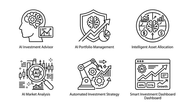 AI Finance and Investment Management Line Icon Set
