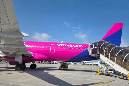 Basel, Switzerland, May 25, 2026: Air Travel Experience with Wizz Air Airplane on Airport Tarmac