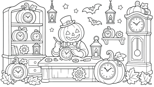 Halloween pumpkin character working as a clockmaker in a workshop, coloring page for kids, line art illustration