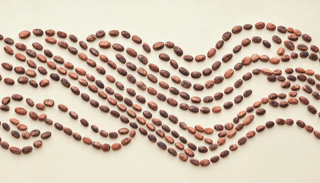 Raw cocoa beans arranged in a flowing wave pattern across a plain light beige background, creating a rhythmic, and organic visual texture