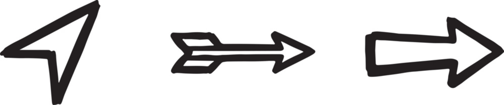 Set of three black hand-drawn arrow icons for navigation and direction