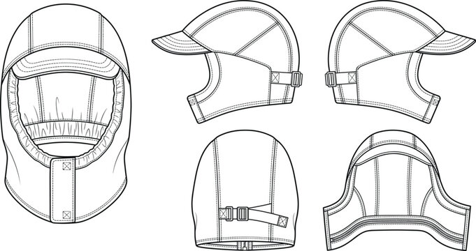 Winter balaclava cap technical drawing fashion flat sketch vector template with multiple views