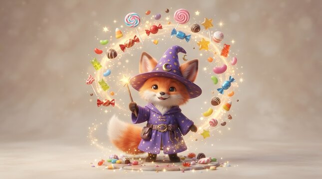 Cute fox wizard casting a candy spell