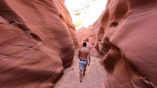Male Traveler Exploring Antelope Canyon Slot Canyon, Arizona, USA