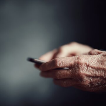 close up wrinkled elderly hands holding smartphone symbolizing digital inclusion and aging technology users