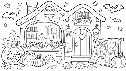 Fototapeta premium Halloween sewing room coloring page for kids, featuring a cozy cottage with a sewing machine, pumpkins, autumn leaves, bats, and a quilt