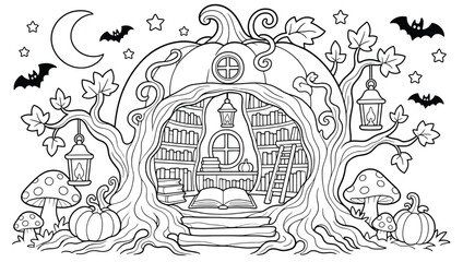 Fototapeta premium Coloring page for children with a magical pumpkin house library, cozy interior with bookshelves, ladder, open book, lanterns, mushrooms, bats, and moon in the night sky