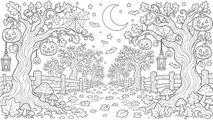 Fototapeta premium Halloween forest coloring page with pumpkin trees, jackolanterns, crescent moon and autumn path outline illustration