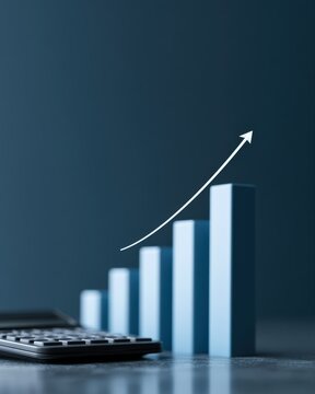 financial growth dashboard, calculator and rising graph hologram