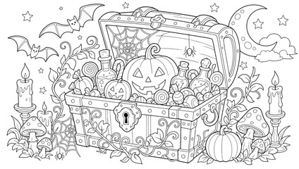 Halloween treasure chest filled with pumpkins, candies, and potions, surrounded by candles, mushrooms, bats, and a crescent moon, coloring page for kids