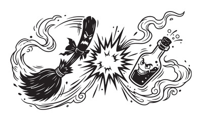 Obraz premium Black and white comic style vector illustration featuring an angry witch broom fighting an evil potion bottle.
