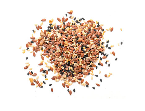 Mix of seeds sesame, flax, sunflower seeds isolated on white, top view