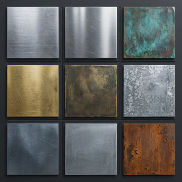 Industrial metal texture samples including steel and rusted surfaces.