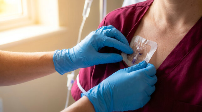 Gloved hands replacing central line dressing on patient chest, hospital care and sterile procedure